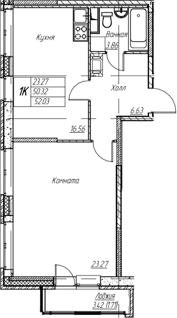 1-комнатная квартира 52.03 м², 13/22 эт., ЖК «Парк-квартал Юнтолово»
